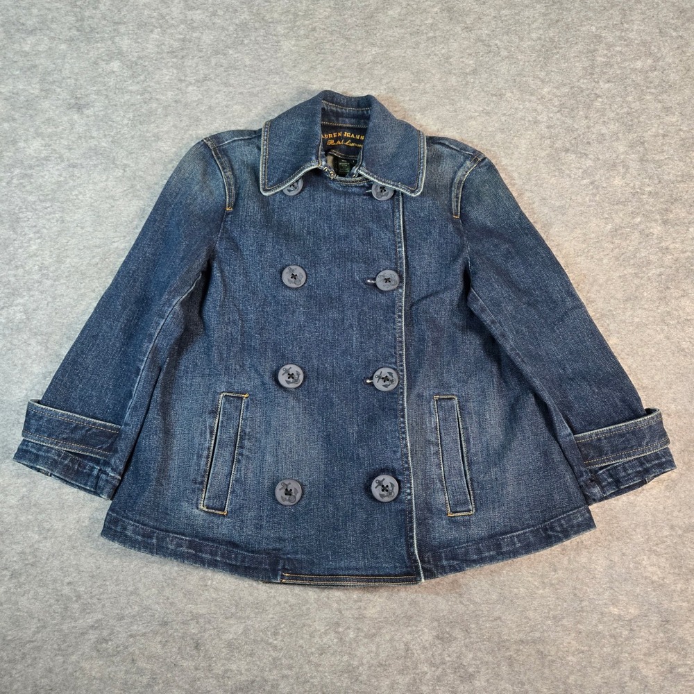 VTG Lauren Ralph Lauren Womens Blue Denim Pea Coat Nautical Anchor Jacket Size S